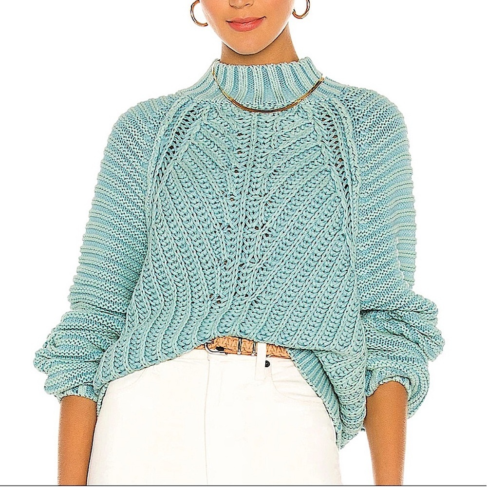 Free People Seasons Change Sweater blue teal turtleneck knit size‎ small NWOT